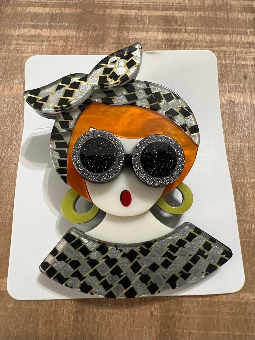 3/$18 Stylish Orange & Black Accessory Brooch - Retro Girl Design Lot 6049